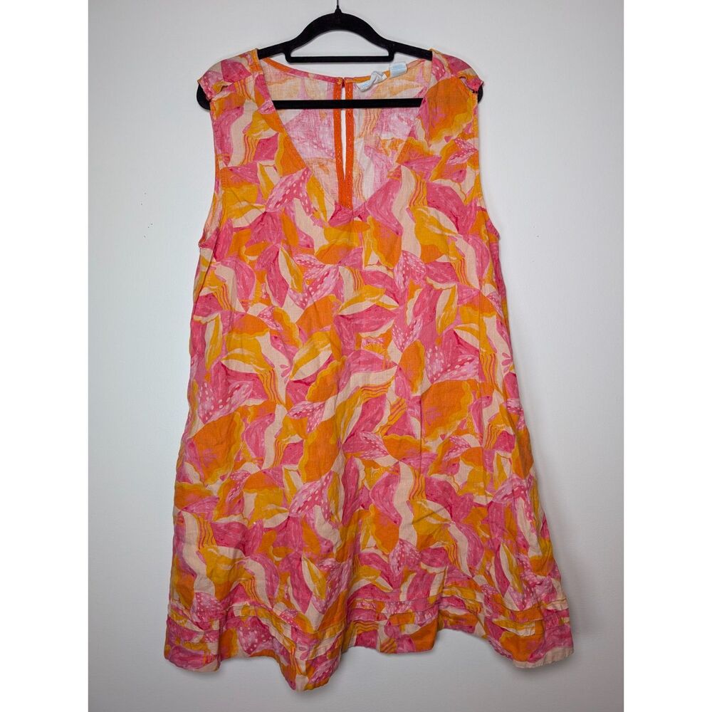 Cynthia Rowley Linen Floral Shift Dress L Tropical Resort Pink Orange Pockets - Picture 3 of 7